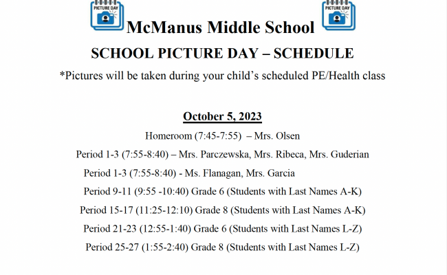 McManus Middle School Picture Day Schedule